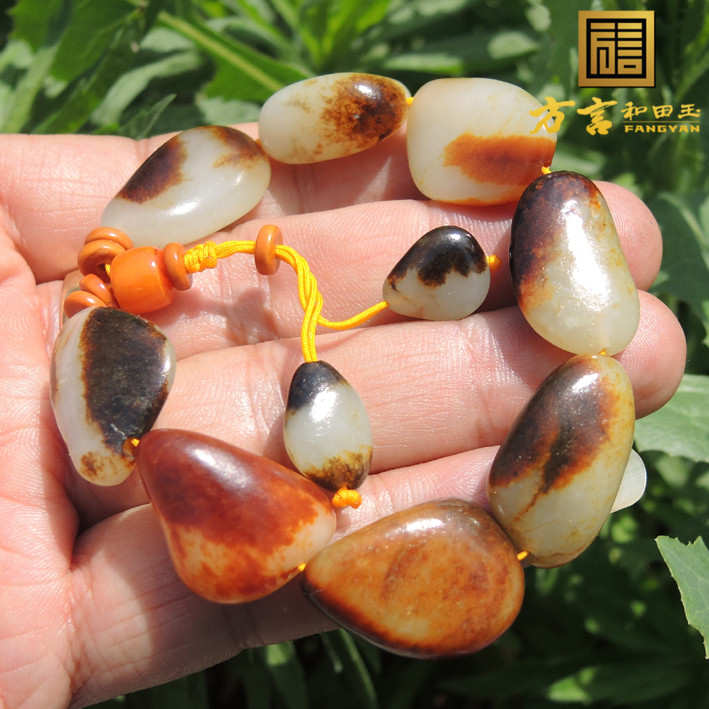 方言和田玉手串男玉龙河羊脂玉精品俏皮原石籽料手链配质检证书F1