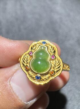 国风方言和田玉老坑俄罗斯阳绿碧玉无黑点银镶葫芦福禄双全戒指S6