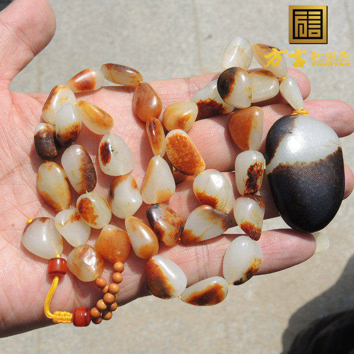 方言镇店之宝玉龙河产原石籽料珍品俏皮名品羊脂白玉配皮色项链F