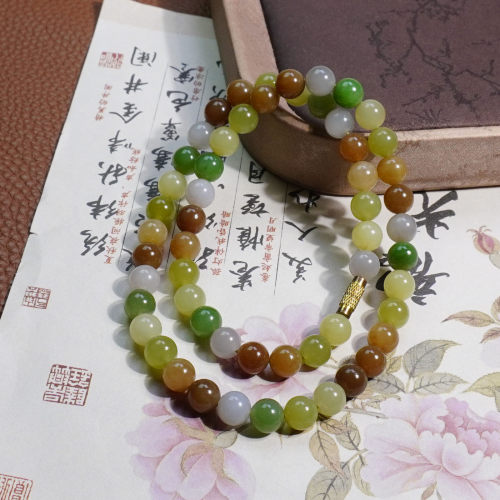 和田玉新疆糖玉青黄口碧玉糖玉烟紫多宝糖果8mm圆珠多彩玉石项链K