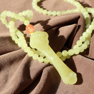 惊呆方言和田玉新疆细腻油润若羌黄口立体如意柄玉吊坠6MM项链A2