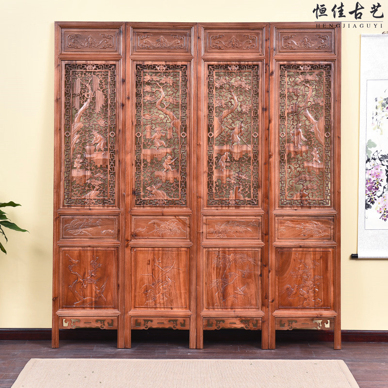 东阳木雕明清仿古中式实木香樟木渔樵耕读 雕花屏风 隔断玄关折屏