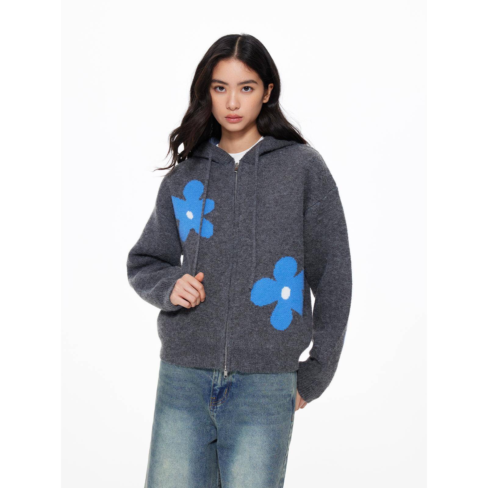 UnderStress花朵连帽毛衣慵懒针织风开衫秋冬外搭拉炼休闲潮上衣