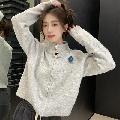 独特灰色毛衣半高领外套女早秋高级感慵懒风短款显瘦拉炼 炼 针织