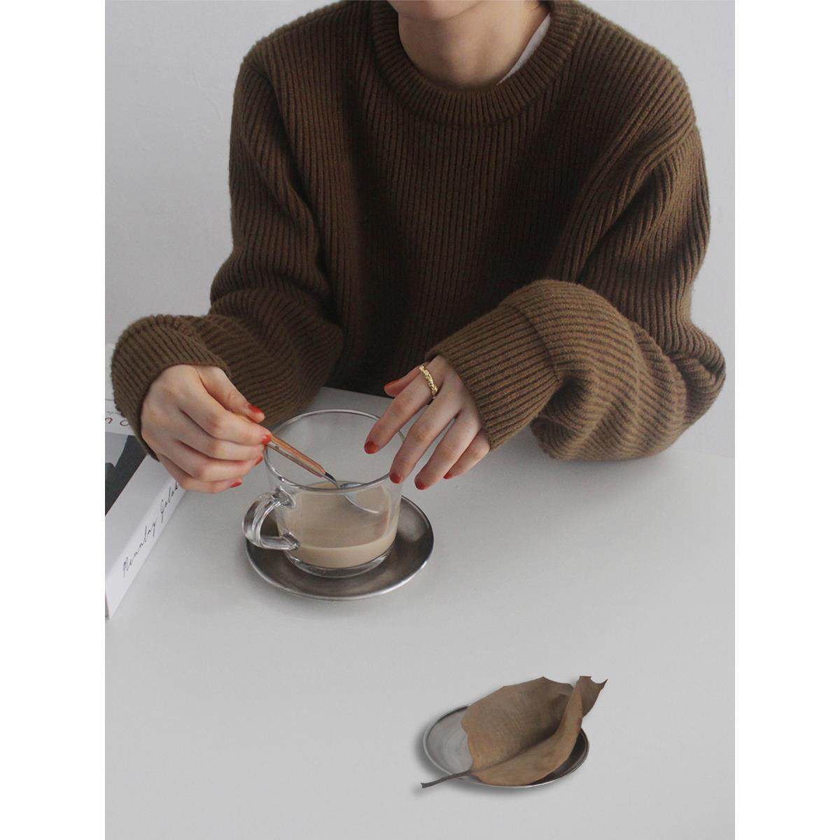 自制秋冬定染棕咖纯色套头毛衣女宽松慵懒风 正肩圆领加厚珍珠白