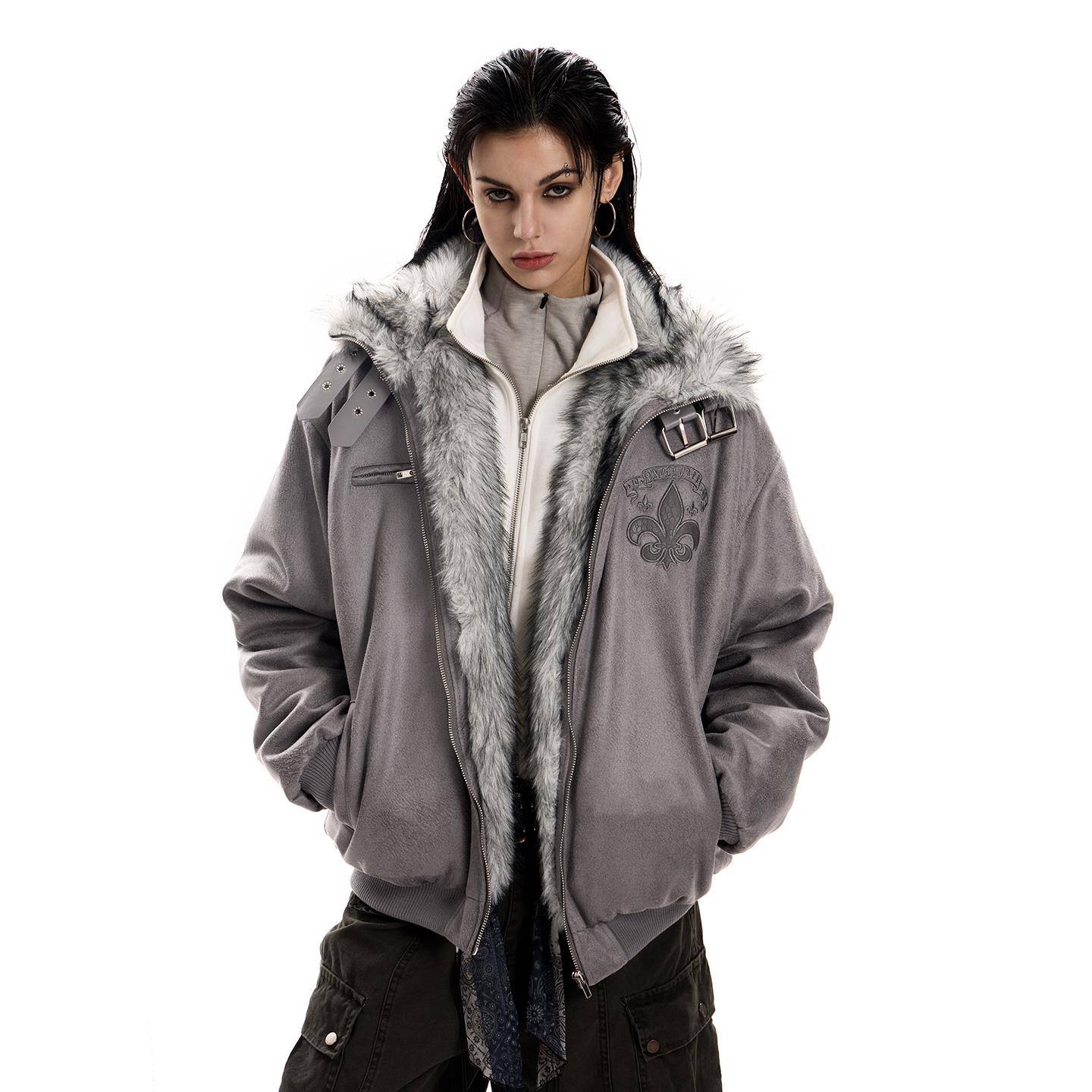 0123start 麂皮座山雕夹克棉服女哥特风加绒加厚立领工装外套冬季