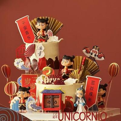 哪吒蛋糕三太子魔童转世蛋糕装饰摆件敖丙网红手办公仔烘焙插件