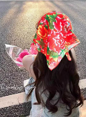 东北大花布头巾三角头饰方巾配饰表演出二人转印花方巾儿童成人款