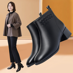 真皮妈妈鞋短靴棉鞋加绒软底女鞋中年中跟单靴中老年人皮鞋秋冬款