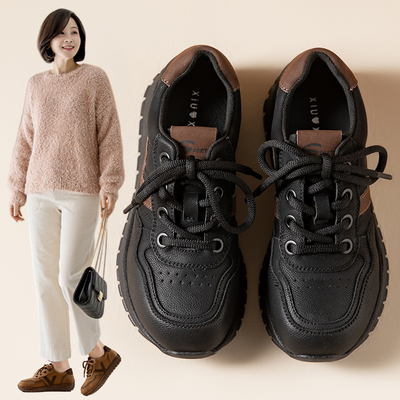 真牛皮软底防滑妈妈鞋舒适运动鞋老人鞋冬厚底休闲鞋女款2025新款