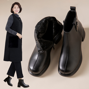 真皮舒适不累脚加绒保暖妈妈鞋短靴防滑中老年棉鞋皮鞋女靴秋冬款