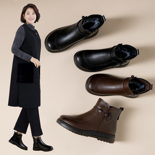 真皮舒适不累脚妈妈鞋棉鞋加绒皮鞋洋气防滑中老年短靴女鞋子冬季
