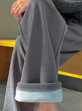 灰色加绒加厚阔腿裤女秋冬季高腰宽松垂感休闲大码直筒灯芯绒裤子