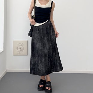半身裙女2024新款 亚麻开叉裙 夏高腰黑色扎染棉麻a字裙显瘦中长款
