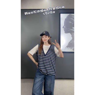 新款 T恤假两件上衣百搭小衫 大码 显瘦短袖 女装 5928妃儿红2026春季