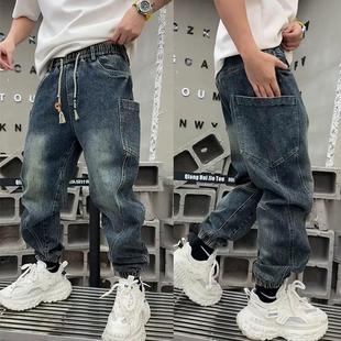 2024春秋新款 牛仔裤 弯刀裤 潮流宽松束脚拼接痞帅九分工装 韩版 男士
