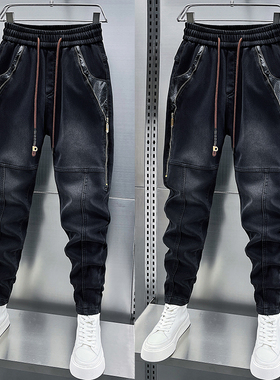 冬季加绒拼接黑灰色牛仔裤男士松紧腰弹力小脚裤侧拉链装饰束脚裤