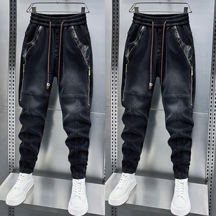 冬季加绒拼接黑灰色牛仔裤男士松紧腰弹力小脚裤侧拉链装饰束脚裤