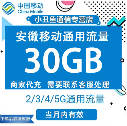安徽移动流量充值30GB流量包叠加包2/3/4/5G全国通用流量当月有效
