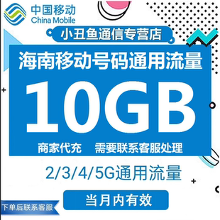 海南移动流量充值10GB国内通用流量包3G4G5G流量叠加油包当月有效