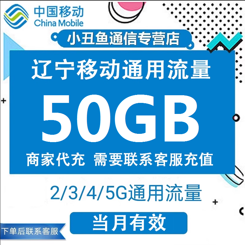 辽宁移动流量充值50GB流量包叠加包2/3/4/5G全国通用流量当月有效