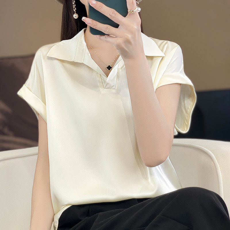 欧洲站香云纱真丝短袖女夏名媛新款桑蚕丝显瘦醋酸缎面polo领T恤
