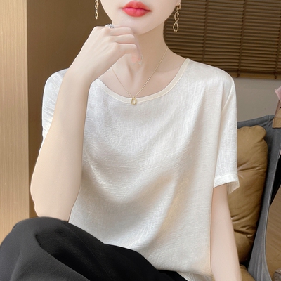 欧洲站香云纱真丝短袖女夏名媛25新款桑蚕丝显瘦醋酸缎面圆领T恤
