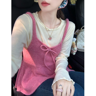 小众ins减龄圆领打底针织上衣 蝴蝶结系带粉色针织吊带背心两件套