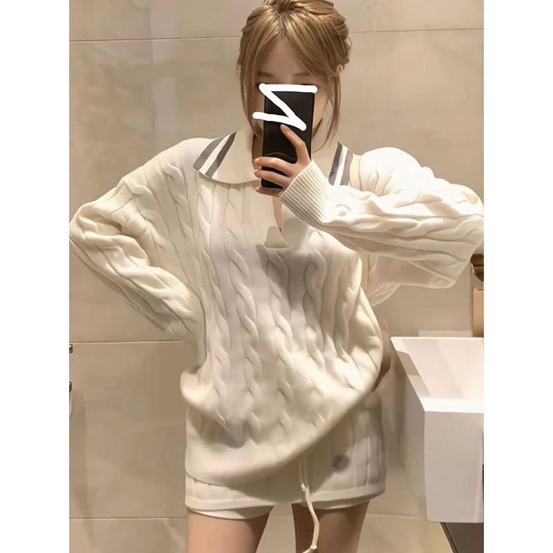 法式学院一整套polo领慵懒麻花刺绣针织衫女秋冬毛衣保暖百搭短裙