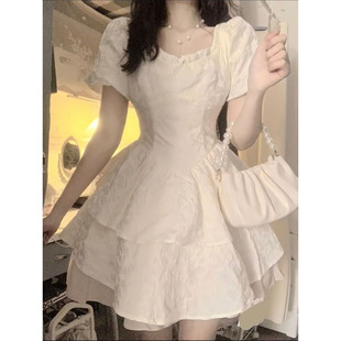 韩系学院风泡泡袖背后蝴蝶结绑带设计连衣裙女学生甜美蓬蓬公主裙