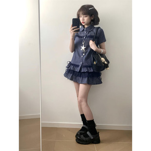 韩系甜酷气质格纹短袖 两件套 上衣女学生搭配高腰半身短裙夏季 新款