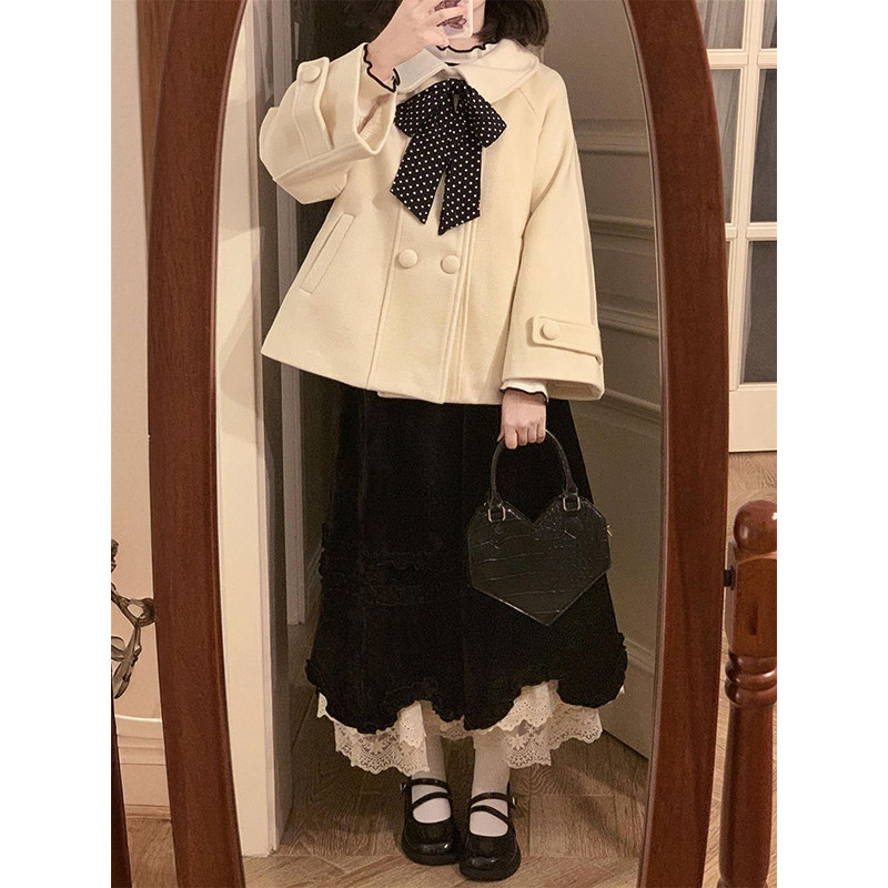 韩系千金风气质穿搭一整套蝴蝶结杏色毛呢外套女高腰木耳边半身裙,女装/女士精品,时尚套装,淘宝优惠券,粉丝福利购,淘宝优惠卷