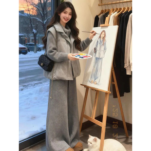 棉服背心马甲潮 毛衣 冬日慵懒风穿搭一整套灰色阔腿长裤 针织开衫