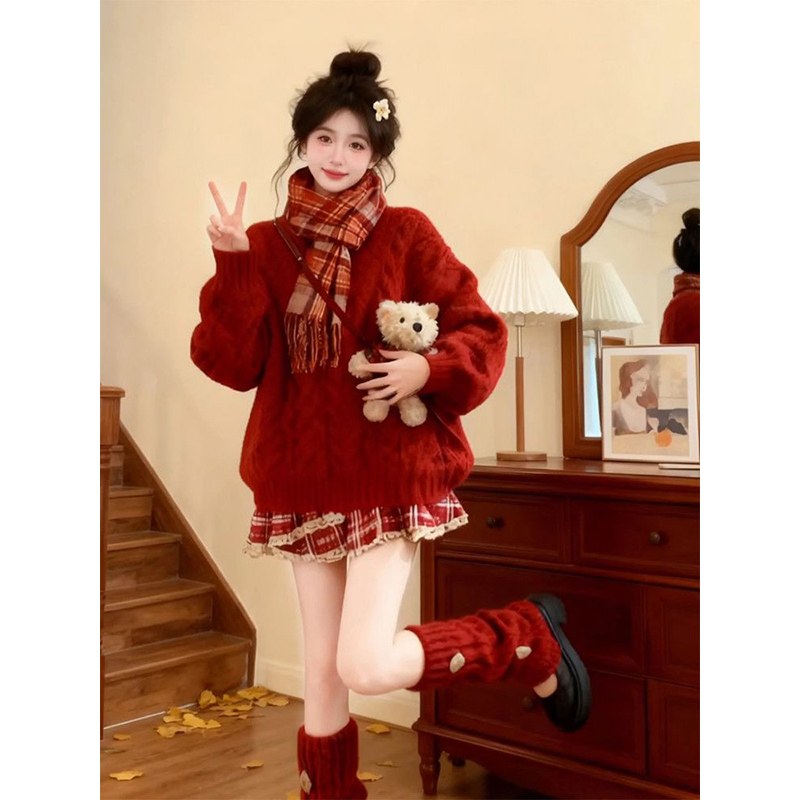 韩系复古圣诞节穿搭一整套格纹花边短裙搭配新年红麻花针织衫毛衣