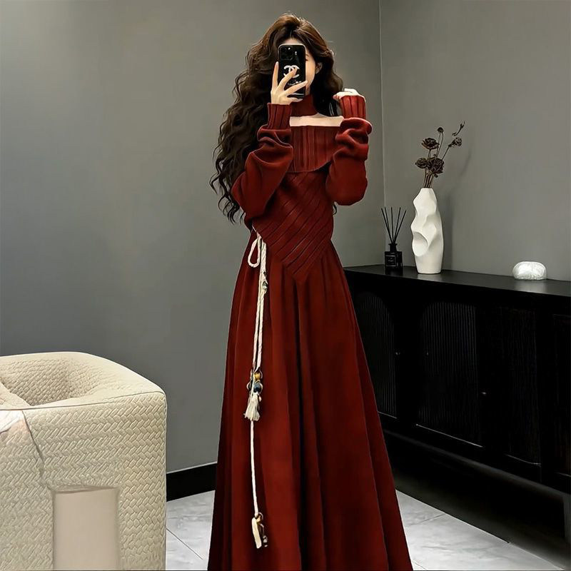 复古跨年战袍红色不规则露肩针织毛衣女搭配松紧腰显瘦半身中长裙,女装/女士精品,时尚套装,淘宝优惠券,粉丝福利购,淘宝优惠卷