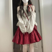 红色蛋糕裙两件套装 日系甜美小个子蝴蝶结拼接波点露肩长袖 上衣