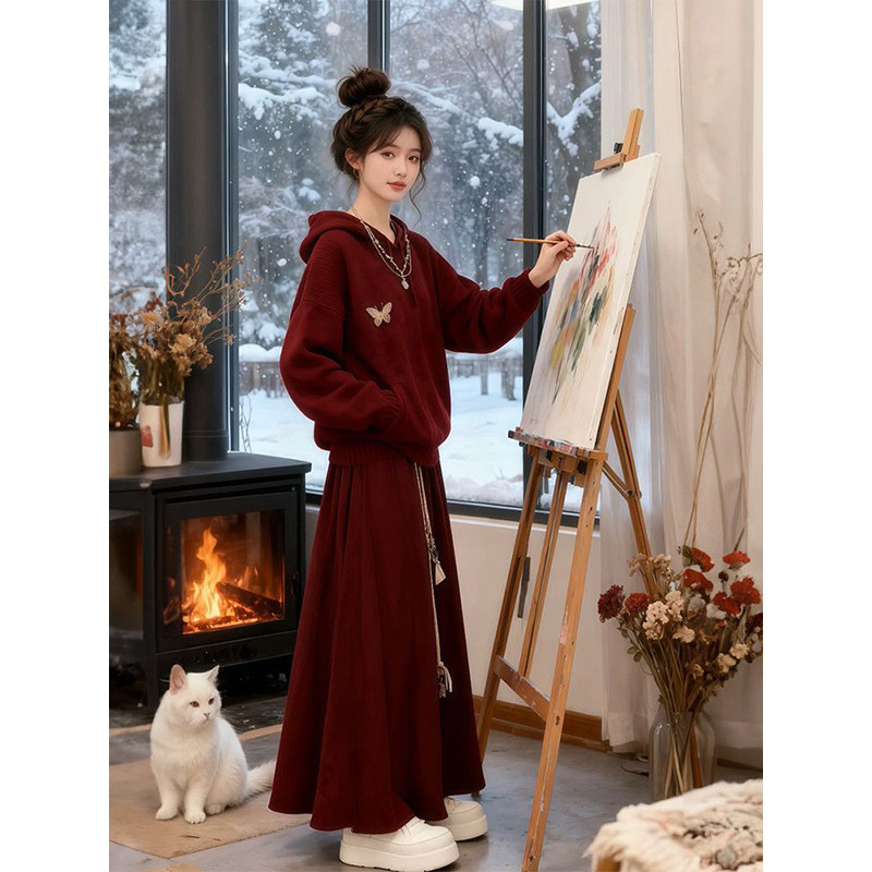 美式学院风穿搭一整套新年红色针织衫连帽毛衣女慵懒高腰半身裙子,女装/女士精品,时尚套装,淘宝优惠券,粉丝福利购,淘宝优惠卷