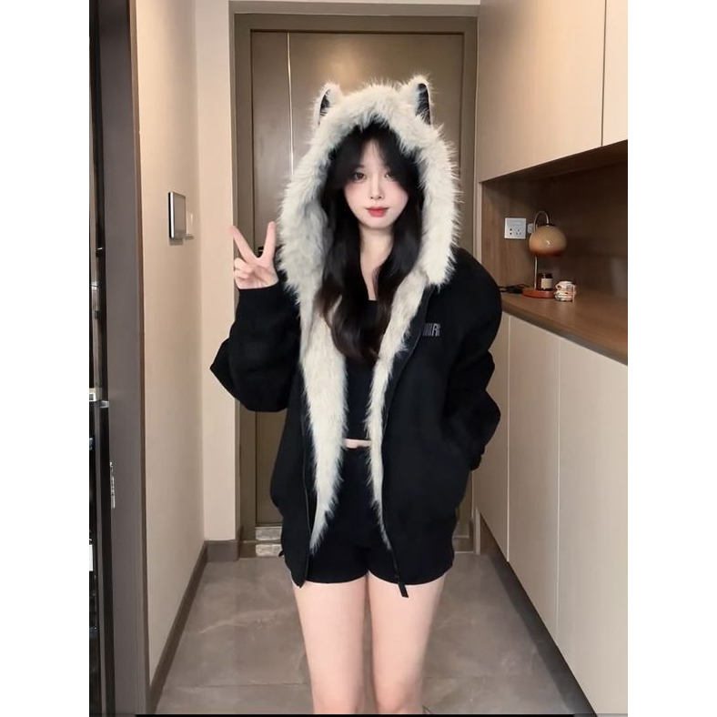 美式复古高街潮牌毛茸茸座山雕棉服外套女冬季宽松加厚保暖棉衣潮