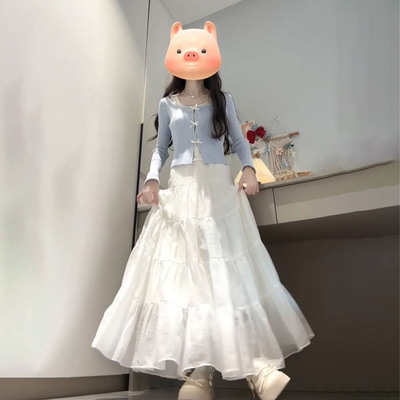 假两件拼接披肩针织衫白色半身裙