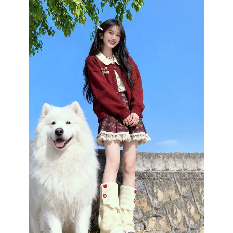 冬季圣诞新年跨年红色蝴蝶结毛衣女毛绒流苏边格子半身短裙两件套