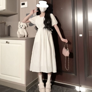 甜美风初恋小白裙抽绳泡泡袖 收腰显瘦A字裙 白色连衣裙女夏季 新款