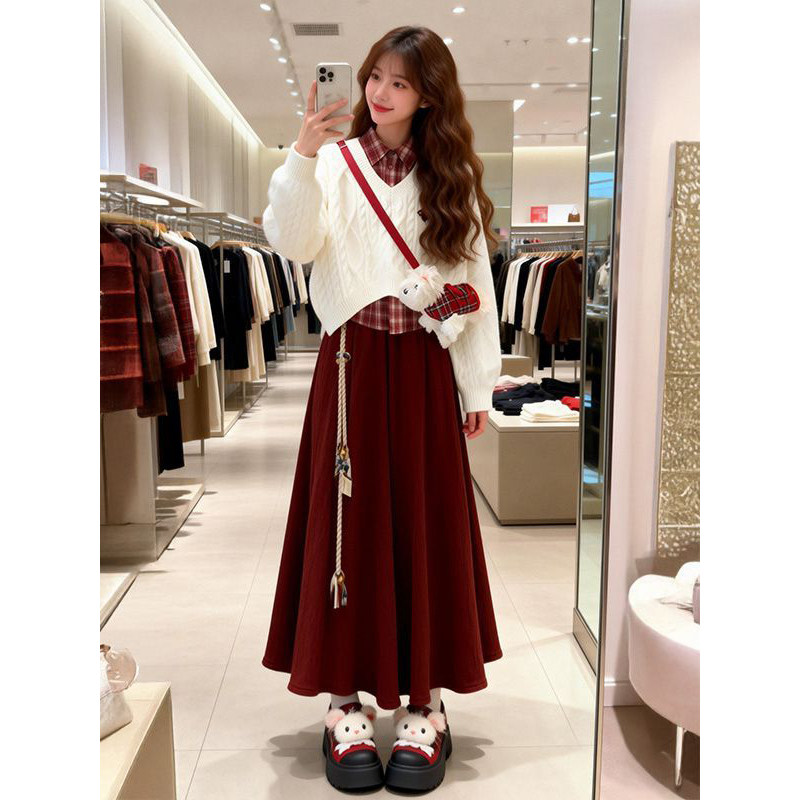 冬季跨年新年软糯麻花毛衣搭配红色格子衬衫女高腰半身裙三件套装,女装/女士精品,时尚套装,淘宝优惠券,粉丝福利购,淘宝优惠卷