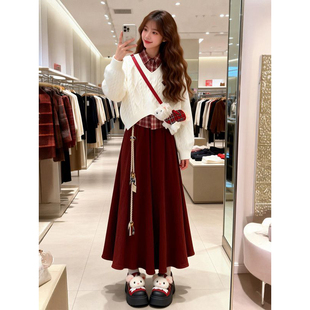 冬季跨年新年软糯麻花毛衣搭配红色格子衬衫女高腰半身裙三件套装