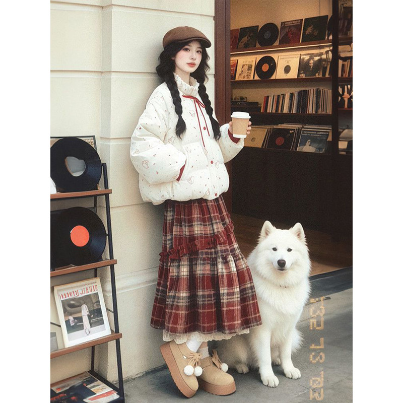 圣诞跨年穿搭一整套米白色百搭宽松保暖棉服女搭配格纹高腰半身裙,女装/女士精品,时尚套装,淘宝优惠券,粉丝福利购,淘宝优惠卷