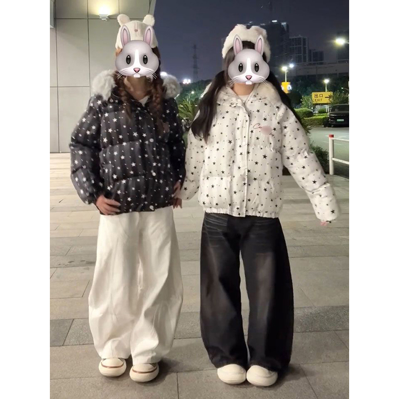 美式复古冬季新款满印星星毛领棉服女设计感百搭宽松面包服外套潮