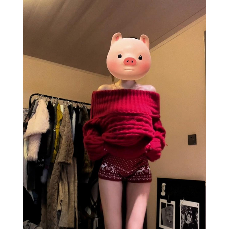 巨好看圣诞氛围红色一字肩毛衣女秋冬2025年新款高级感慵懒风上衣