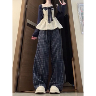 蓝格长裤 早秋新款 针织开衫 薄款 三件套 韩系少女风蝴蝶结花苞吊带