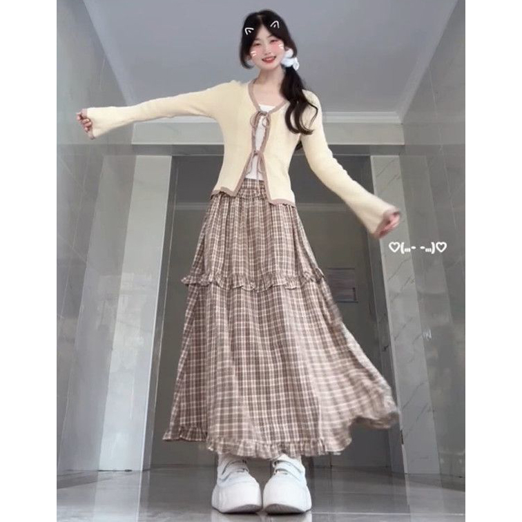 森系淑女穿搭一整套甜美风针织撞色开衫毛衣女搭配格纹长款半身裙