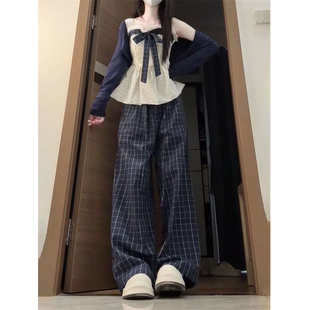 韩系甜美少女风蝴蝶结波点吊带上衣+针织开衫+格纹长裤女三件套装