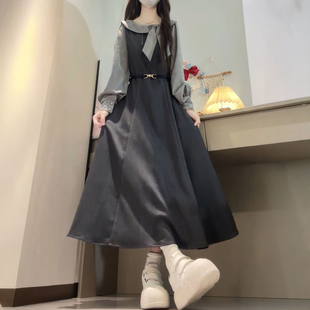 早秋穿搭一整套气质假两件连衣裙女赫本风收腰气质淑女超仙长裙
